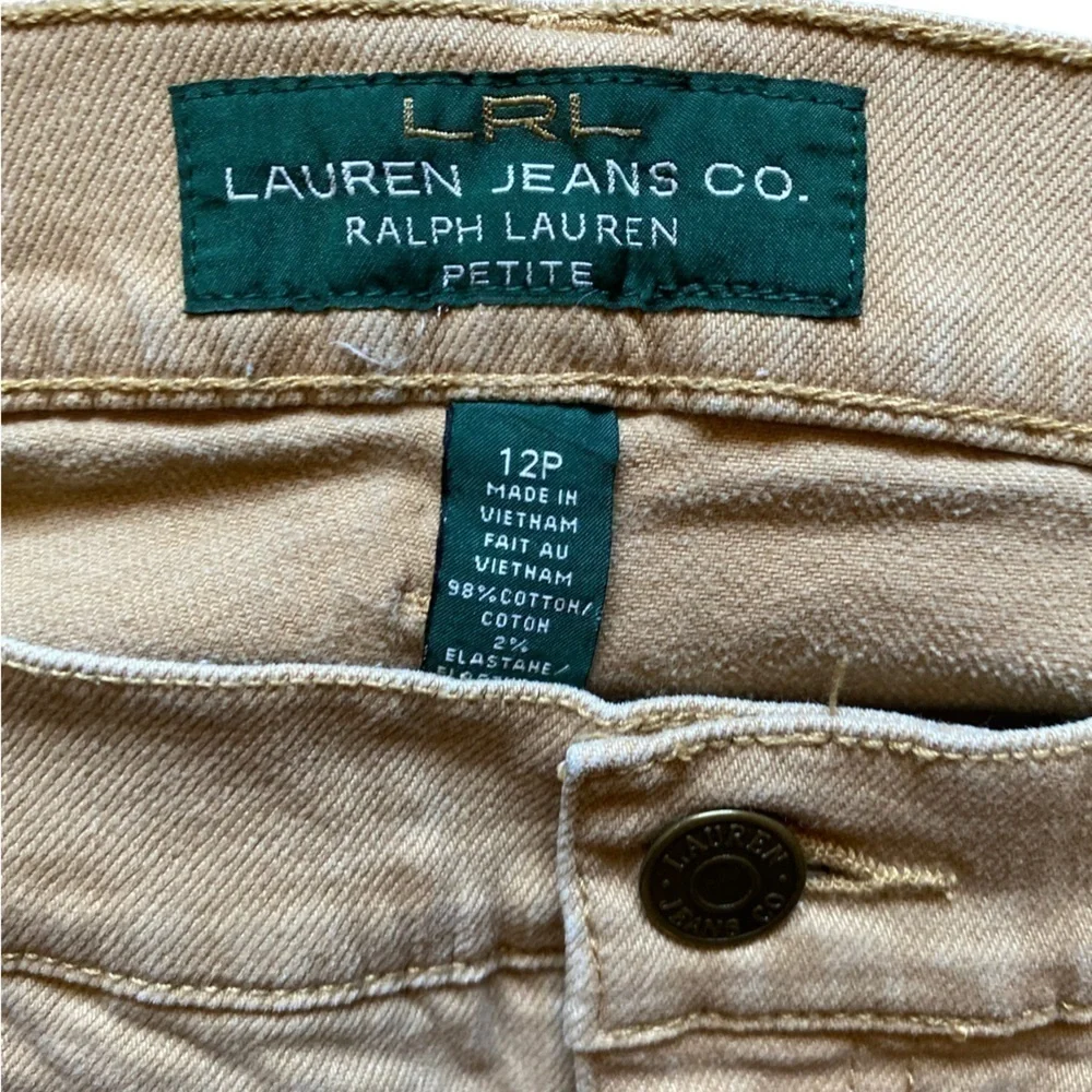 Ralph Lauren Jeans Size 12 Petit Tan Stretch Green Label with Gold logo